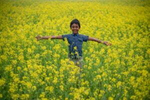 Joyful boy in yellow flowers