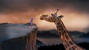 A Boy feeding a huge giraffe. Dream interpretation requires understanding creative dreams such as this.