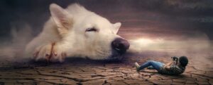 Boy taking photo of huge white dog, another creative dream image.