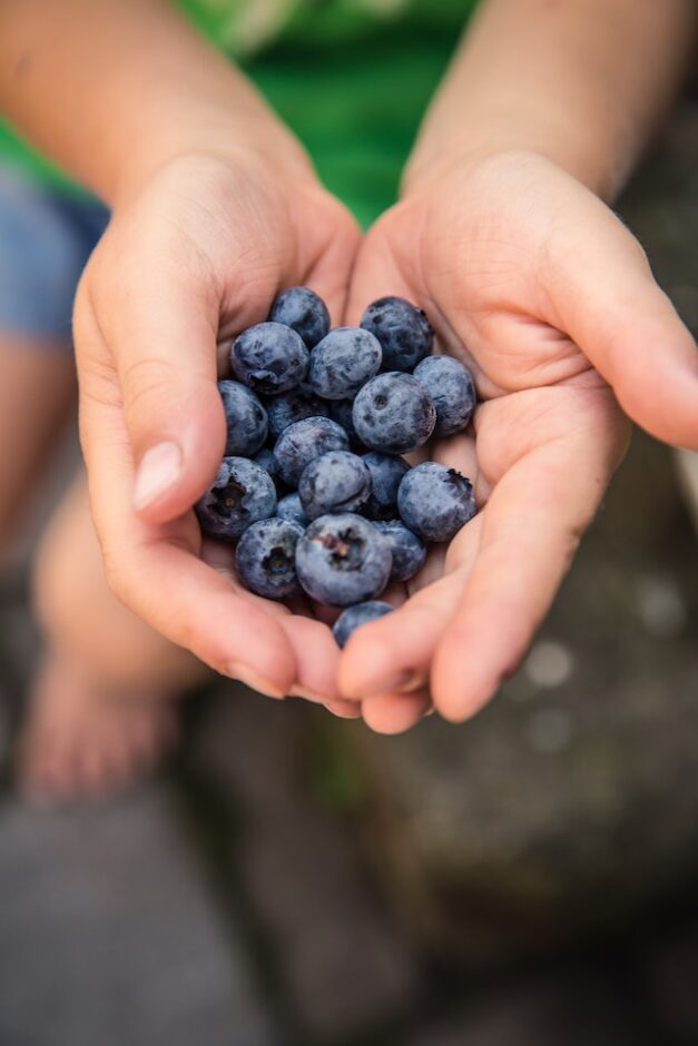 Serving blueberries with open palm. Eating healthy meals eases stress eating.