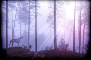 Unicorn in a sunlit forest